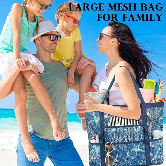Fammart Mesh Beach Bag for Women, Large Beach Toy Pool Bag with Zipper Pocket, SandProof Cruise Essentials 2026 Family Travel - Image 8