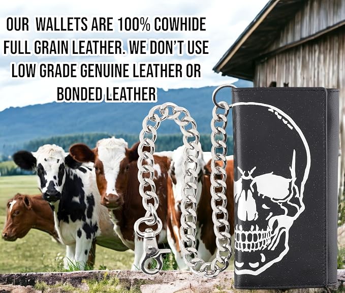 F&L CLASSIC RFID Blocking Mens Tri-fold Long Style Leather Steel Chain Wallet,black skull,212-50 - Image 5