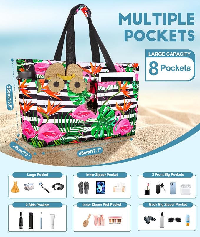 ISEYOU Extra Large Beach Bag Waterproof Beach Totes Bags for Women, Lightweight Foldable Pool Bag with Zipper Wet Compartment - Image 3