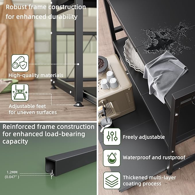 3 Tier Expandable Microwave Stand countertop,Microwave Oven Rack | Pull-Out Microwave Shelf, storage shelves for pans &appliances,Adjustable partition height，55 Lbs load Per Tier,Black - Image 5