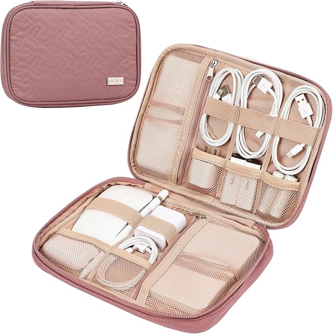 NISHEL Travel Cord Organizer, Electronic Cable Accessories Storage Bag | Bag for chargers, cables, phones, hard drives, USB devices and SD cards, ideal for travel and daily use, Rosewood-Pink by NISHEL