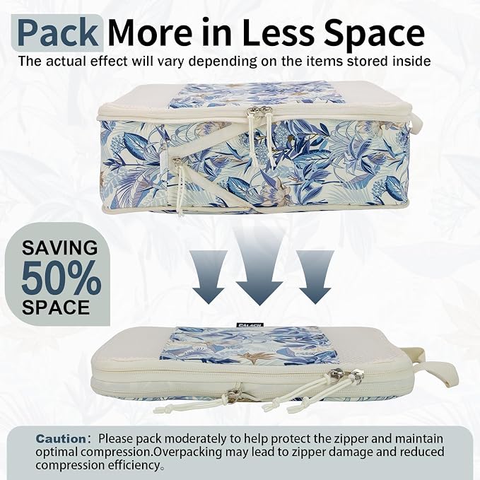 Compression Packing Cubes for Travel Essential, 4 Set Compression Bags for Travel Packing Organizer, Expandable Compression Cubes for Travel, Standard, Blue Floral - Image 5