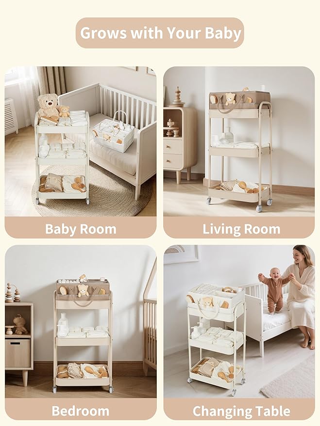 Baby Diaper Caddy, 3 Tier Rolling Cart for Baby Essentials, Beige | Diaper Cart with Detachable Dividers, Nursery Storage & Bottle Organizer, Bedside Caddy for Bedroom and Living Room - Image 6