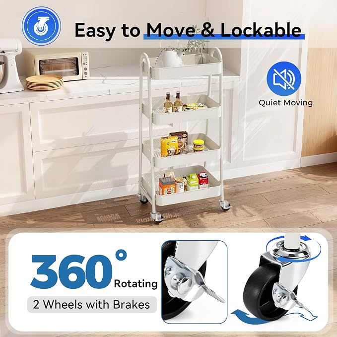 OLIXIS Metal 4 Tiers Rolling Storage Utility Cart with Lockable Wheels | Mobile Organizer Shelf, Space-Saving, Freestanding, Bathroom, Living Room, Slim, Narrow Corner Spaces, White - Image 3
