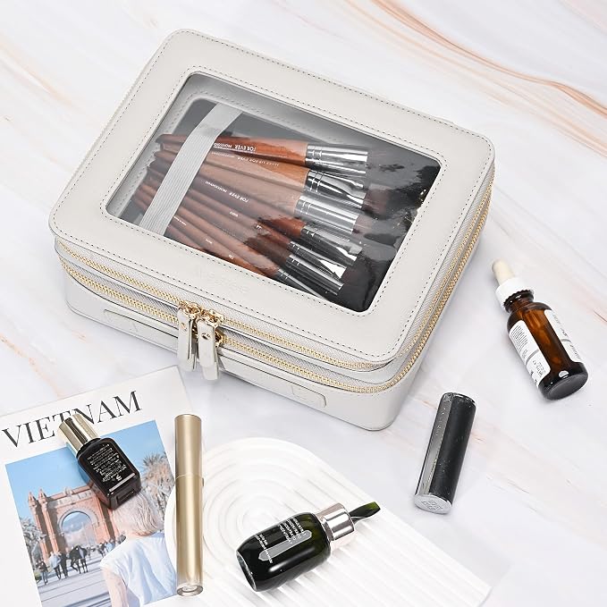 Aveniee Clear Makeup Bags, Double Layer Cosmetic Bags with a Separate Brush Compartment, Large Travel Toiletry Bag Train Case for Women, Travel Accessories Organizer,2 Layers Large, Grey - Image 5