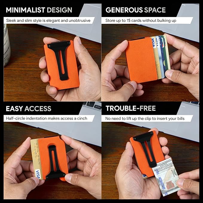Minimalist Wallet for Men, Slim Metal RFID Blocking Wallet Credit Card Holder Money Clip & Cash Strap, Scratch-Resistant Holds 15 Cards,Ideal Gift for Men | Matte Orange - Image 5