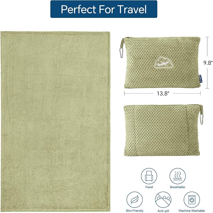 BEDELITE Travel Blanket with Bag, Jacquard Fleece Blanket 65"x40", Sage | Ultra-soft Airplane Blanket, Luggage Sleeve & Backpack Clip, Travel Essentials for Women, Foldable as Pillow for Long Flight - Image 3