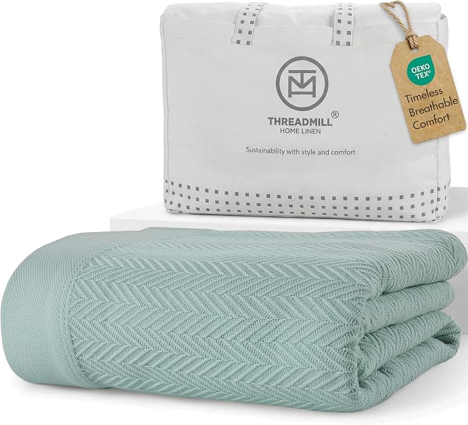 Threadmill Luxury Cotton Blankets for Twin Size Bed | All-Season 100% Cotton Twin Blanket for Bed | Herringbone Soft & Cozy Fall Thermal Blanket, 350GSM, 68x92 inches | Mist Blue by ThreadmillHomeLinen