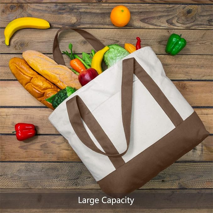 TOPDesign 6-Pack Canvas Tote Bags with an External Pocket, Reusable Grocery Shopping Bags, Top Zipper Closure, Daily Essentials (Brown/Natural) - Image 3