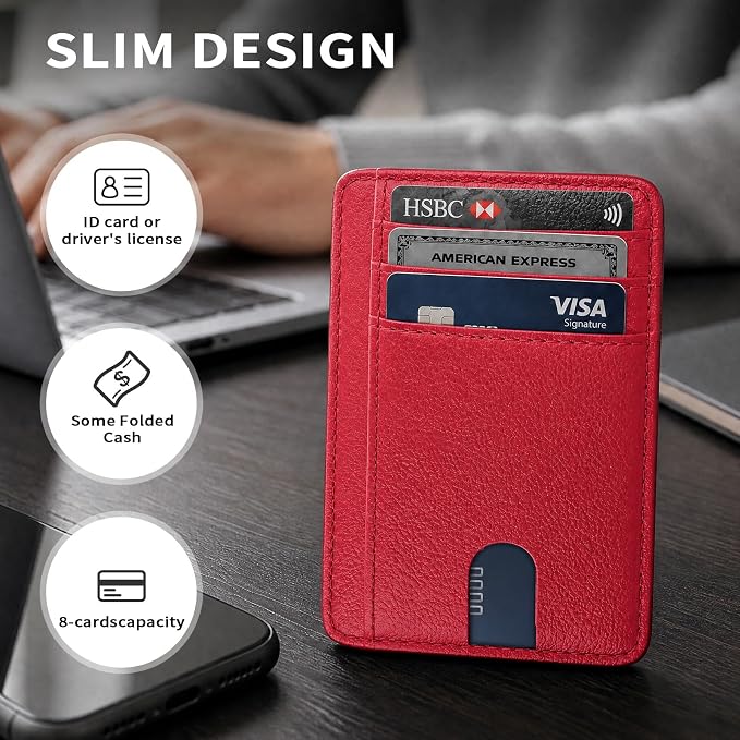 Slim Minimalist Front Pocket RFID Blocking Leather Credit Card Holder, Small Compact Wallet with ID Window for Men and Women (Red) - Image 6