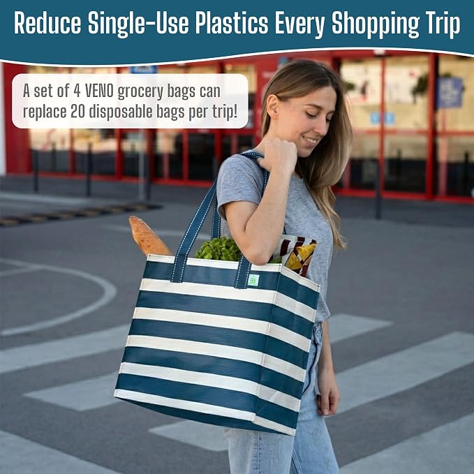 VENO 4 Pack Large Grocery Bag Reusable Shopping Bags with Hard Bottom | Utility Tote w/ Reinforced Handles, Heavy Duty, Foldable, Stand Upright, for Groceries Shopping Cart(Classic Navy Stripe) - Image 7