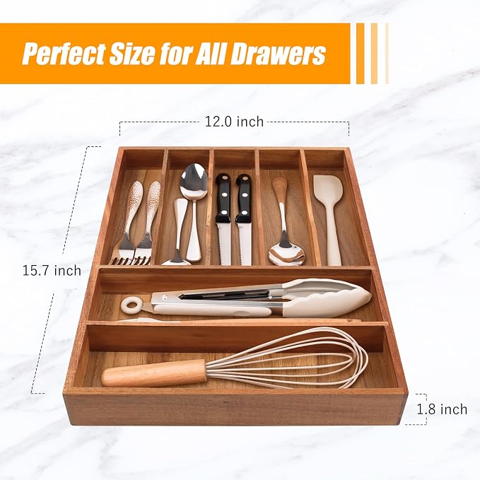 Bellsal Bamboo Silverware Organizer, 12"x15.7" Utensil Holder Cutlery Tray with Grooved Drawer Dividers for Kitchen Flatware, Bedroom, Office (7 Slot, Acacia) - Image 3