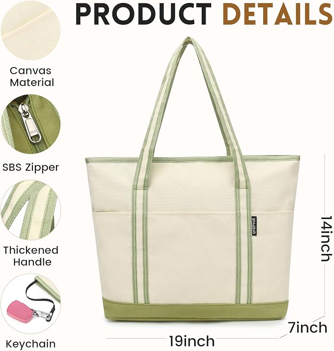 Large Canvas Tote Bag for Women, Beach Bag with Zipper, Utility Tote Bag with 3 Front Pockets, Weekender Pool Bag - Image 6