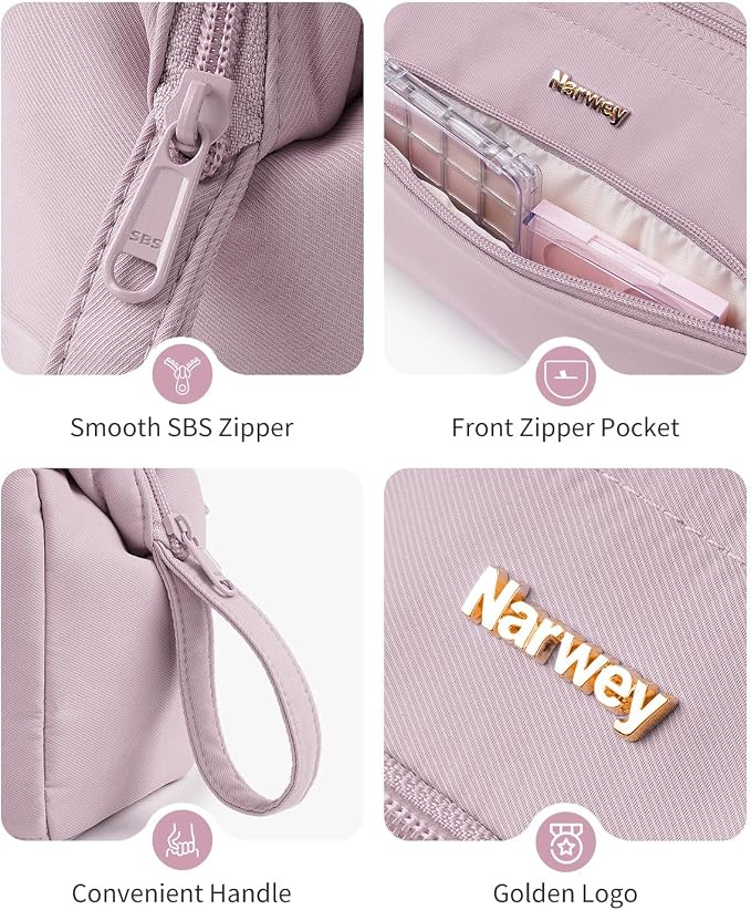 Narwey Large Travel Makeup Bag For Women Girls, Wide Open Cosmetic Bag, Portable Toiletry Bag for Cosmetics, Toiletries, Skincare, Brushes (Dusty Pink) - Image 7