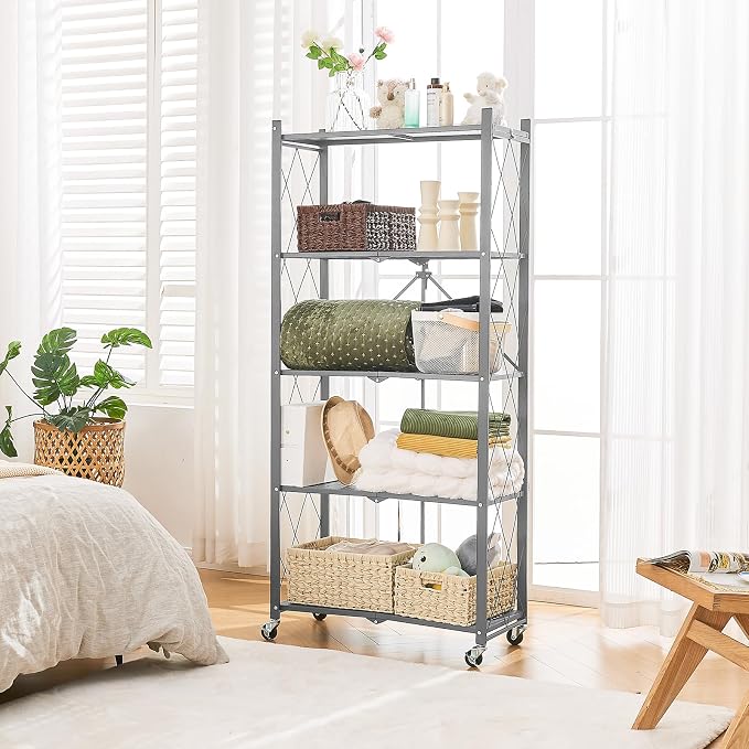 BRIAN & DANY 5-Tier Foldable Storage Shelves with Wheels, Folding Metal Rack Shelving Unit, Heavy Duty No Assembly Organizer Shelf for Garage, Kitchen, Basement, Pantry, Gray - Image 2