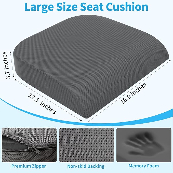 TranquilRelax 2XL Memory Foam Seat Cushion for Office Chair, 3.7-Inch, Gray | Medium-firm Support for Long Sitting, Washable Mesh Cover, Non-slip Base, Perfect for Car Seats & Short Drivers - Image 3