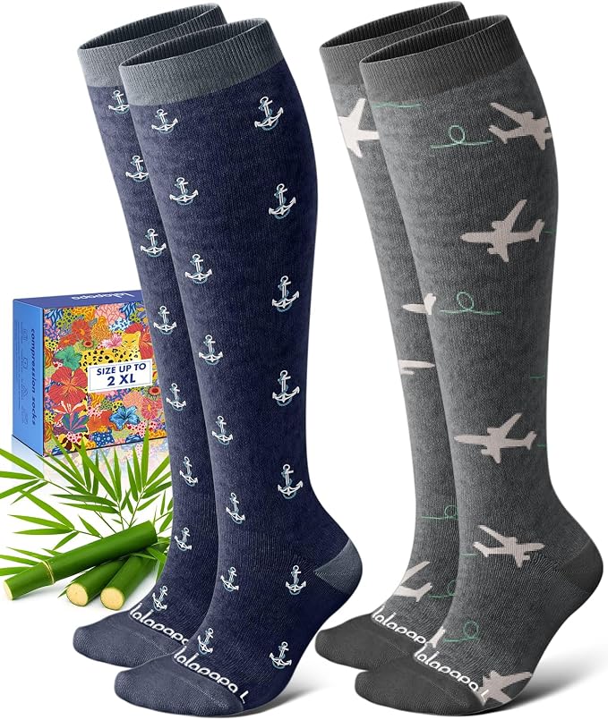 Bamboo Viscose Compression Socks for Women Men | 2 Pairs 15-20mmHg Cute Breathable Graduated Knee High Compression Socks for Nurse Pregnancy Travel by Lalapapa