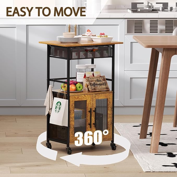 3 Tier Slim Rolling Coffee Cart with 2-Door & Pull-Out Wire Basket Drawer, Coffee Bar Cabinet on Lockable Casters, 32.7" H Microwave Cart with Storage for Home, Kitchen, Living Room (Rustic Brown) - Image 5