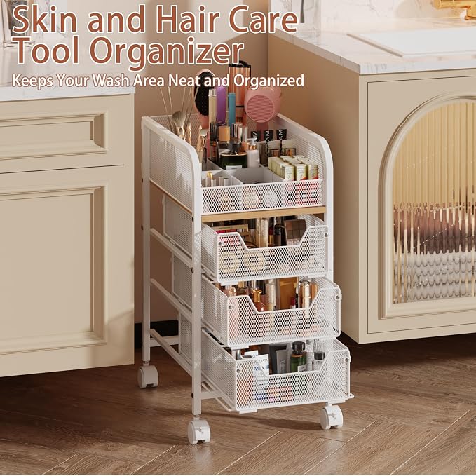 Rolling Makeup Cart Organizer with 3 Drawers, 4-Tier Narrow Floor Skincare Organizers with dividers, Vanity Organizer Cosmetics Display Cases for Makeup Brush, Hair Tool, White - Image 6
