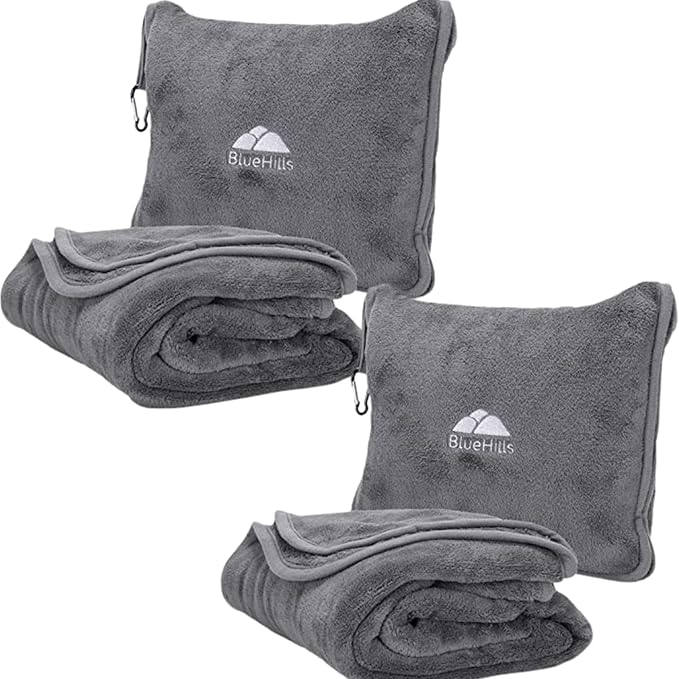 BlueHills Premium Soft 2-Pack Travel Blanket Pillows for Two - Gray Grey | Travel Blanket Set for Two, Hand Luggage Belt & Backpack Clip, Lightweight & Compact for Long Flights, Comfort Plane Pillows by BlueHills