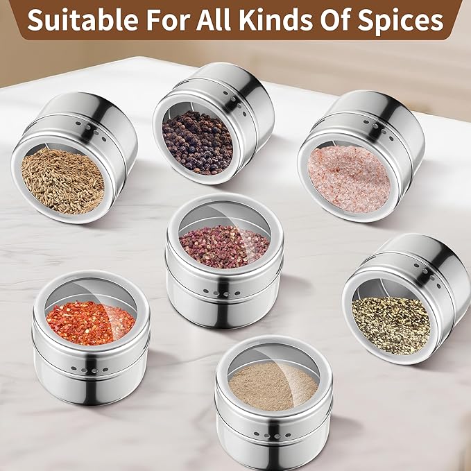 12pcs Stainless Steel Spice Jars, Magnetic Condiment Tins Magnetic Spice Jar With Clear Lid And Holes Sift&Pour - Easy To Clean - Image 5