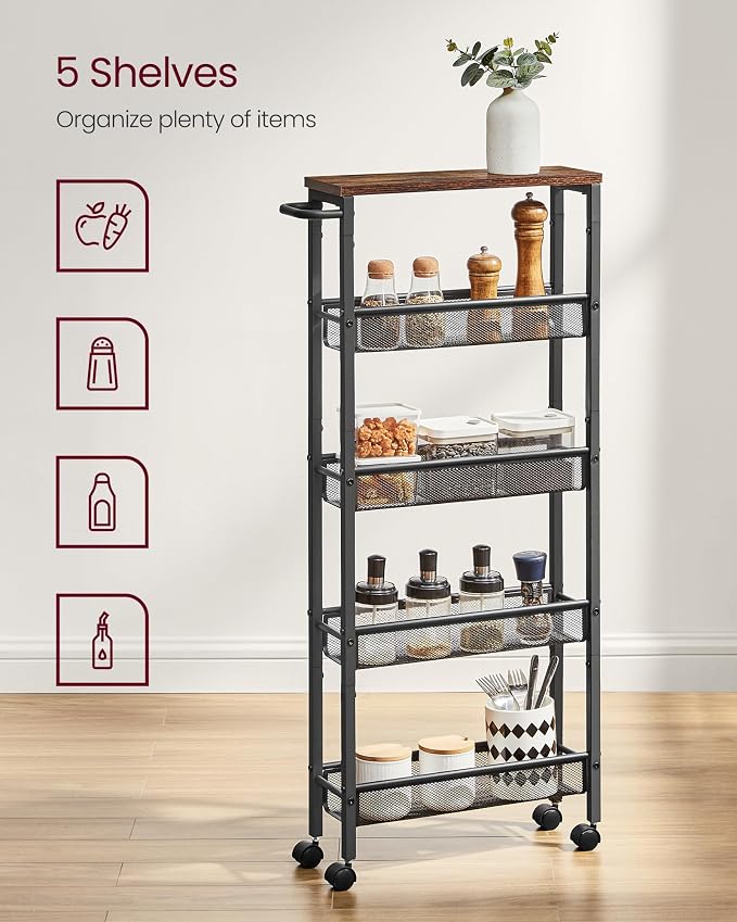 VASAGLE Slim Rolling Cart, 5-Tier Storage Cart, Narrow Carts with Handle, 5.1 Inches Deep, Metal Frame, for Kitchen, Dining Room, Living Room, Home Office, Rustic Brown and Classic Black ULRC034B01 - Image 4