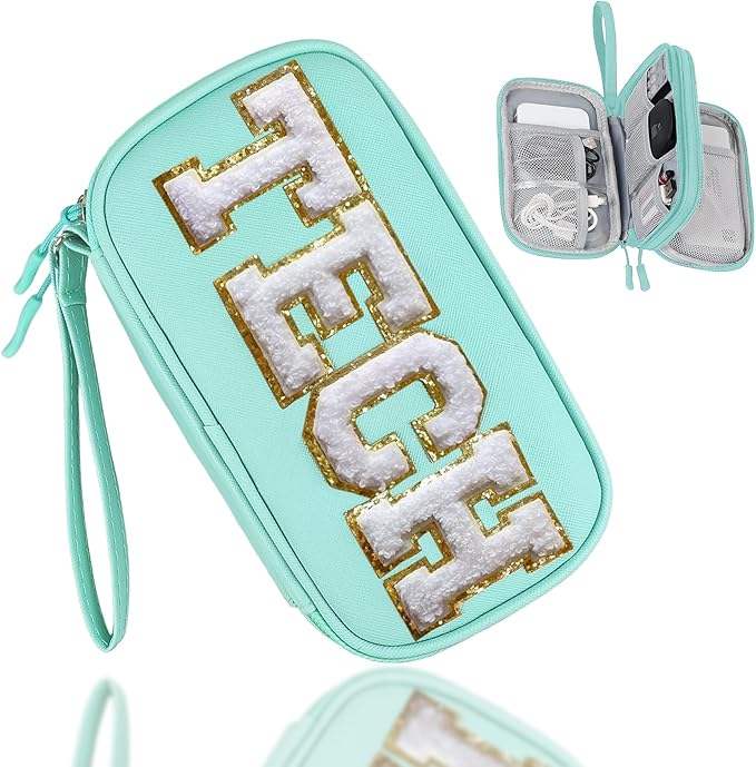 COSHAYSOO Electronics Organizer Bag Travel with Chenille Letter Patch Traveling Must Have Accessories Cute Personalized Gift for Women Cable Cord Charger Storage Pouch (Teal Blue) by COSHAYSOO