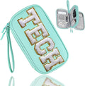 COSHAYSOO Electronics Organizer Bag Travel with Chenille Letter Patch Traveling Must Have Accessories Cute Personalized Gift for Women Cable Cord Charger Storage Pouch (Teal Blue) by COSHAYSOO
