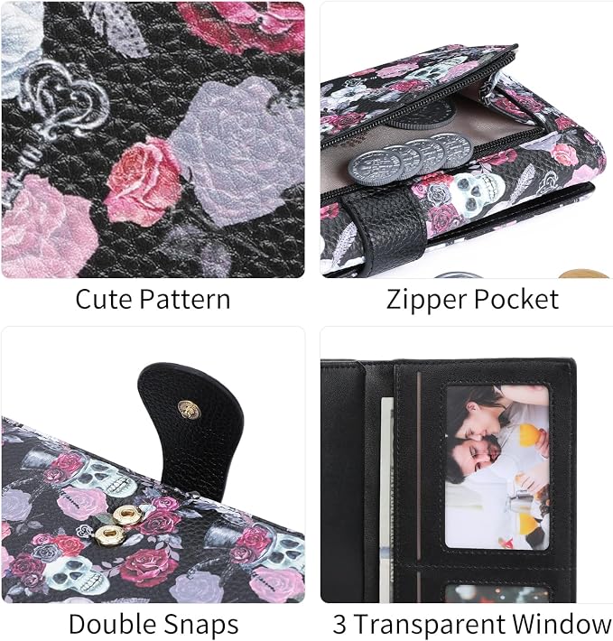 GOIACII Women's Wallet RFID Blocking Large Capacity Card Holder Ladies Phone Clutch Travel Long Purse Skull Goth - Image 7