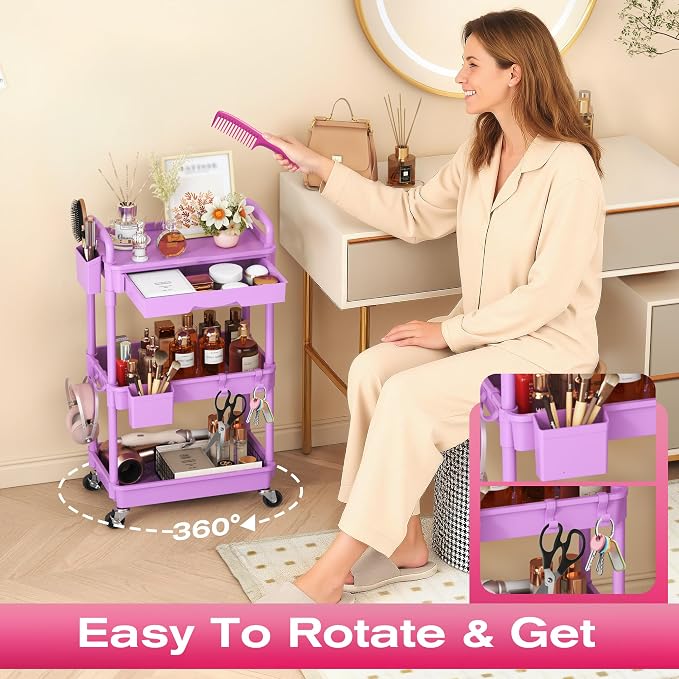 Goovilla Rolling Makeup Organizer Cart with Removable Drawer, 3 Tier Purple | Stable Floor Skincare Storage Cart for Vanity, Cosmetic Display, Nail Polish, Perfume, Hair Stuff, Beauty, Bathroom(Plastic) - Image 5