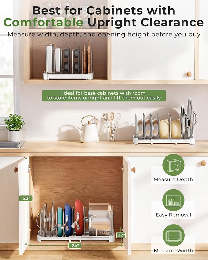 EVERIE Adjustable Bakeware Organizer Pot Lid Holder Rack for Pots, Cake Molds, Cutting Boards, Mats, Cookware, GS02SS, Pack of 2 - Image 5