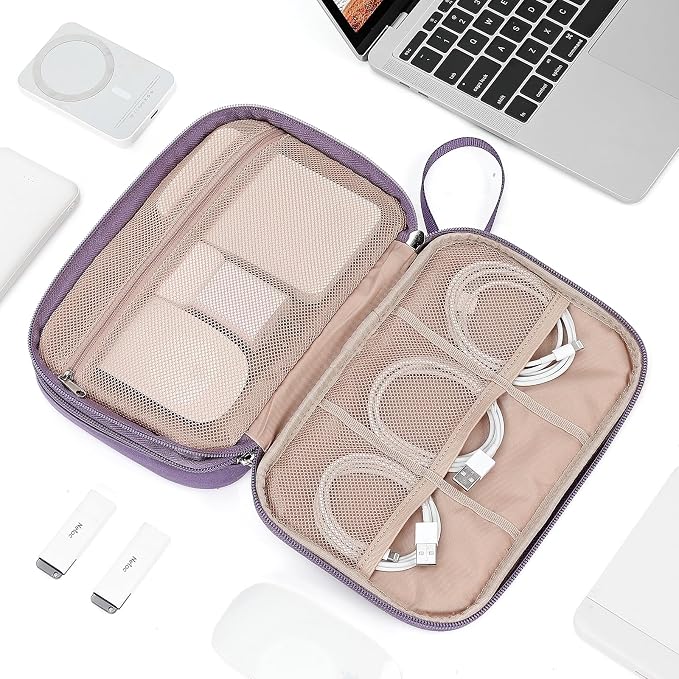 NISHEL Electronics Travel Organizer Cord Case, Charger Cable Tech Bag | Double-layer bag keeps chargers, cables, flash drive, and small tech essentials organized for trip, Large, Purple - Image 7