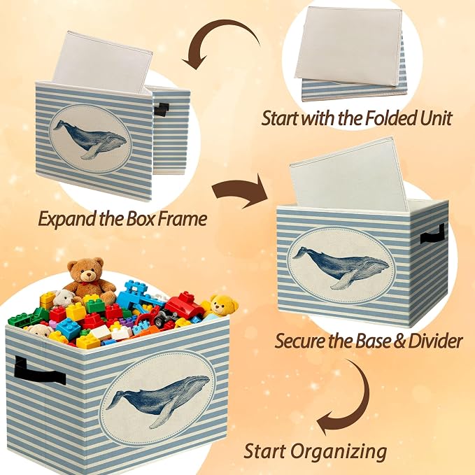 Rustic Whale Storage Bins Boxes with Handles | toys books clothes, sea creatures blue striped nursery foldable basket for organizing bedroom toddler room playroom - Image 6