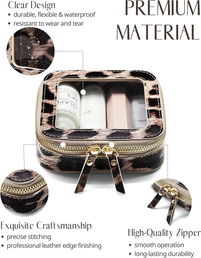 Small Makeup Bag for Purse Accessories Women Clear Cosmetic Mini Pouch Car Essentials Bag Leopard Print Clear Leather Make Up Travel Bag Organizer with Zipper Cute Compact Cheetah Little Toiletry Bag - Image 2