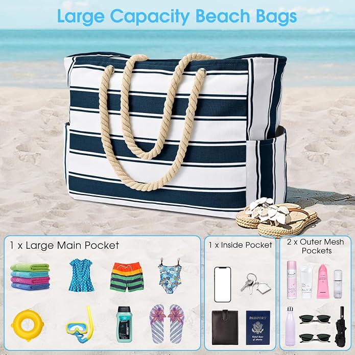 Becokan Beach Bags for Women Large Waterproof Beach Tote Bag Zipper Beach Bags Waterproof Sandproof Swim Pool Bag Large Tote - Image 7
