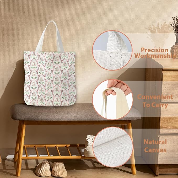 Grandmillennial Blue Floral Tote Bag for Women,Blue Floral Reusable Shopping Grocery Bags - Image 4