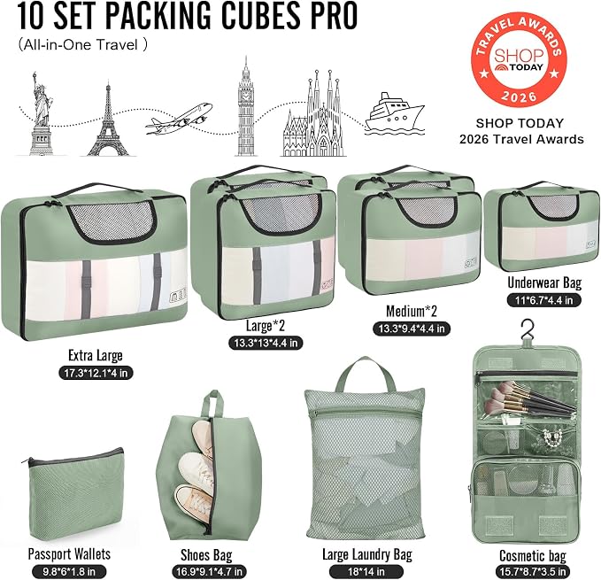 Veken 10 Set Packing Cubes for Travel Essentials,Anti-Wrinkle Buckled Suitcase Organizer for Shoe & Toiletry Bag,Carry On Luggage Bag with 99+ Count Mesh Holes for Airplane & College Dorm Accessories - Image 2