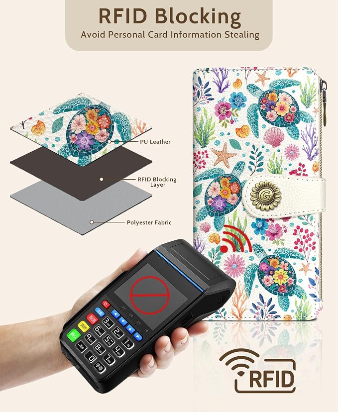 GIANCOMICS Sea Turtle Women Wallet RFID Blocking, Credit Card Holder Bifold | Billfold, Cute Cash Purse, Travel Zipper Coin Pocket, Compact Clutch, PU Leather, ID Window, 11 Card Slots, Ladies Gift Woman - Image 4
