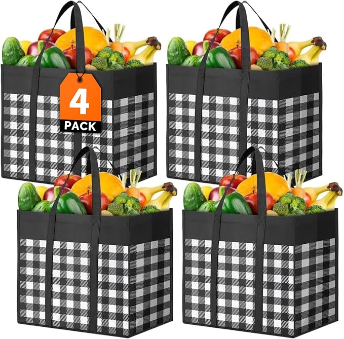 WOWBOX Reusable Grocery Bags, Foldable Reusable Shopping Tote Bags | 4-Pack Large Storage Bags bulk with Reinforced Handles and Water Resistant Coating for Groceries,Multipurpose,Black-White by WOWBOX