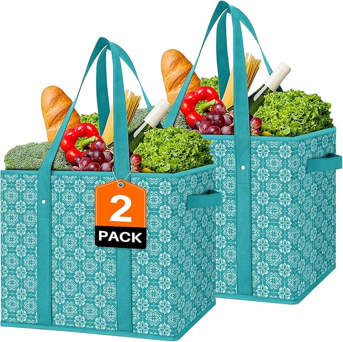 Reusable Grocery Bags 2 Pack, Foldable & Water Resistant Shopping Bags | Large Grocery Tote Bag Water Resistant Shopping Bags Foldable Grocery Bag for Clothes,Shoes and Picnic by WiseLife