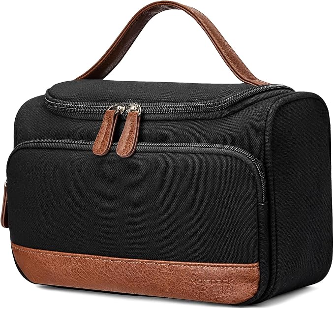 Vorspack Structured Canvas Travel Toiletry Bag for Men, Medium-Black | Upright Travel Bag with Wet Pocket, Wide Opening, Bathroom Organizer for Shaving Grooming Skincare, Travel Essentials, Gifts by Vorspack