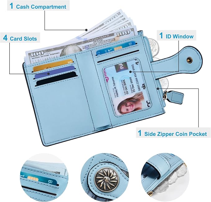 Tipmile Small Wallet Women Bifold RFID Blocking Card Holder Leather Wallets with Zipper Coin Pocket, White & Blue - Image 4