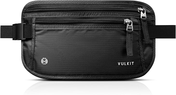 VULKIT Money Belt for Travel, Hidden Passport Holder, Anti-Theft Travel Wallet Under Clothes, RFID Blocking Waist Pouch, Undercover Fanny Pack, Carbon Black by VULKIT