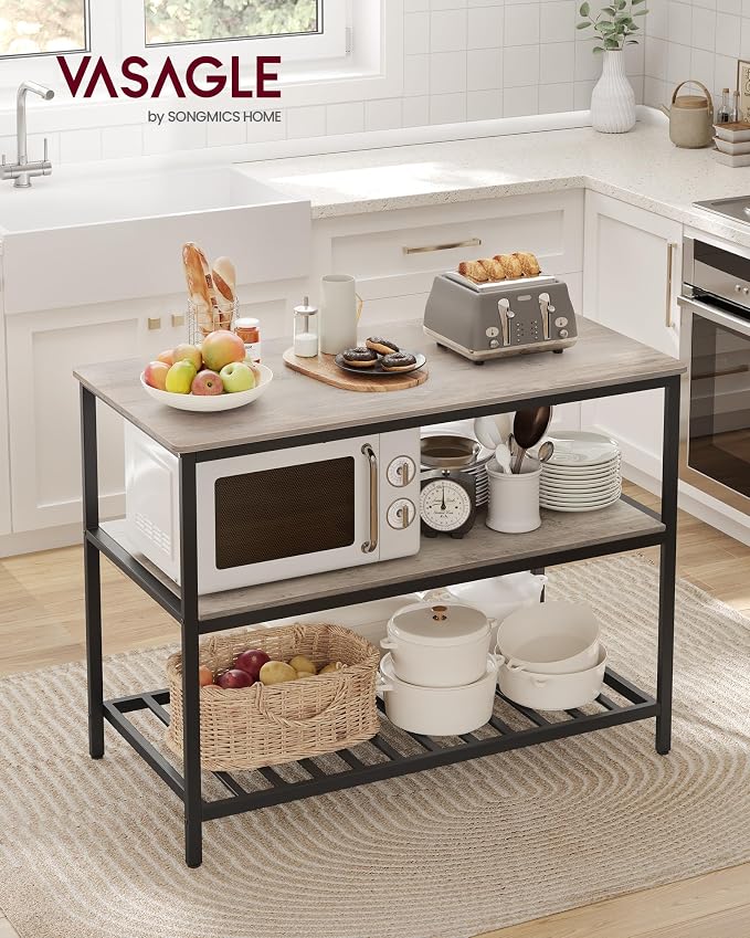 VASAGLE Kitchen Island with 3 Shelves, 47.2 Inches Width Kitchen Shelf with Large Worktop, Stable Steel Structure, Industrial, Easy to Assemble, Greige and Black UKKI001B02 - Image 2