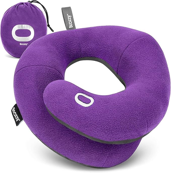 BCOZZY Travel Neck Pillow for Airplane– Patented Double Support for Head, Neck, and Chin. Best for Long Flights, Plane Sleeping, and Car Rides. Adjustable Size. Washable. Carry Bag. Large, Purple by BCOZZY