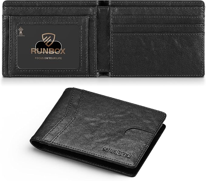 RUNBOX Wallet for Men Slim Leather Bifold RFID Blocking Minimalist Front Pocket Design with Gift Box | Minimalist Front Pocket Design, Holds 8 Cards, RFID Protection, Gifts for Men on Birthdays, Father’s Day, and Christmas by RUNBOX