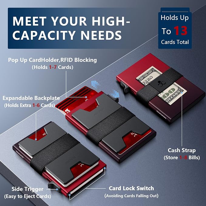 SEMORID RFID Blocking Slim Card Holder Wallet for Men Wallet Minimalist | Durable Expandable Backplate Compact Smart Metal Pop Up Wallet Front Pocket Holds 12+ Cards Plus Cash, Birthady Gifts for Men - Image 6