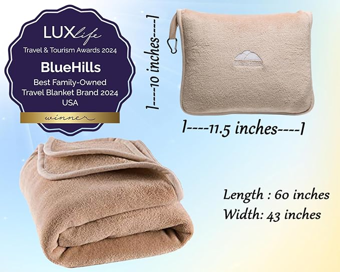 BlueHills Premium Soft Travel Blanket Pillow Airplane Throws Packable Beige | Ultra Soft Plush Travel 2 in 1 Blanket, Zipper Case with Hand Luggage Belt & Backpack Clip, Compact Portable Flight Throws - Image 5