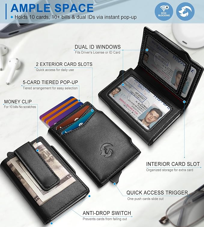 Wallet for Men, Slim Pop Up Card Holder with RFID Blocking, Minimalist Bifold Wallet with 10 Card Slots, 2 ID Window and Money Clip, Metal Flip Case with Magnetic Closure, Gift Box - Image 2