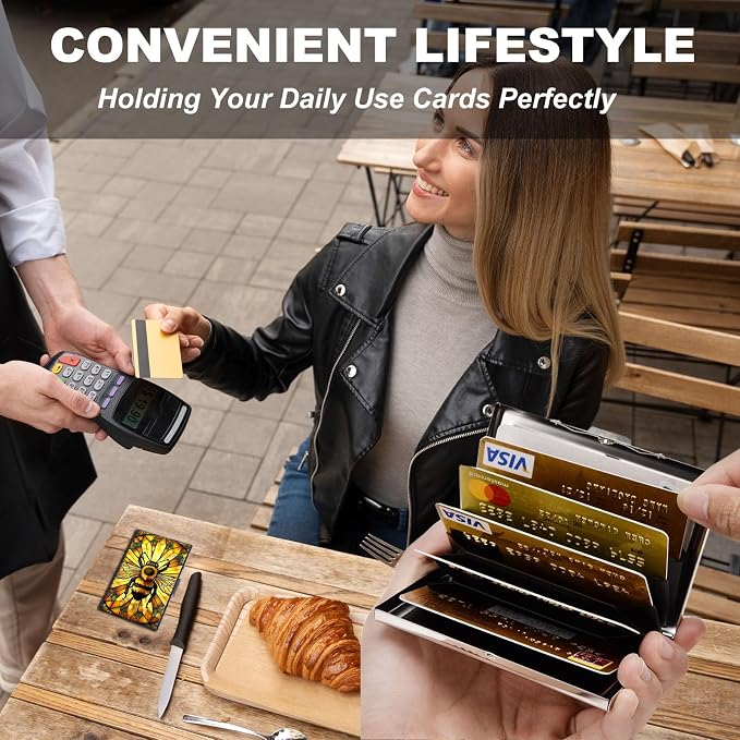 Metal Wallet,Credit Card Holder for Women,Slim RFID Blocking Credit Card Holder Thin Aluminum Wallet ID Case,6 Slot Business Mini Hard Metal Case for Women/Men,Cute Golden Bee - Image 2